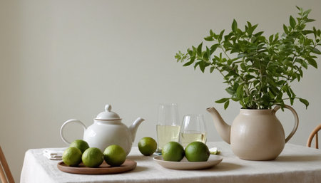 Still life with lime, teapot and glasses of white wineの素材