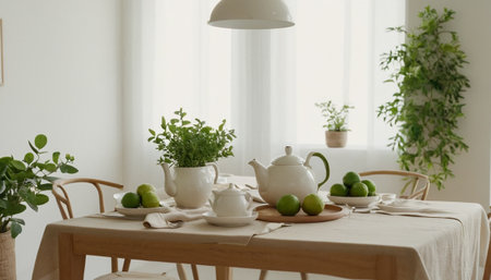 Modern dining room interior with table, chairs, teapot and green plantsの素材