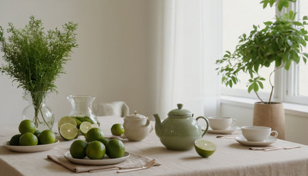 Lime and teapot on table in kitchen at home.の素材