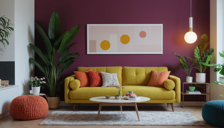 Interior of modern living room with yellow sofa, coffee table and plantの素材