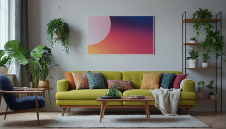 Interior of modern living room with green sofa, coffee table and plantsの素材