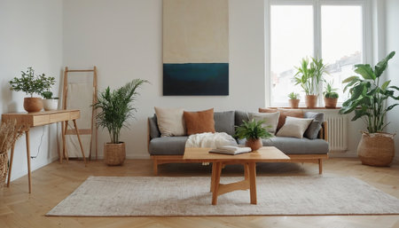Modern living room interior design with tropical plants, sofa and coffee tableの素材