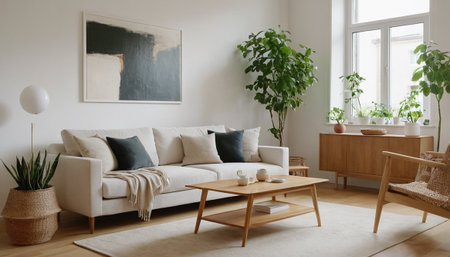 Modern living room interior with sofa, coffee table, plant and postersの素材