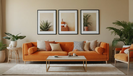 Modern living room interior with white sofa, coffee table and plant. Nobody insideの素材