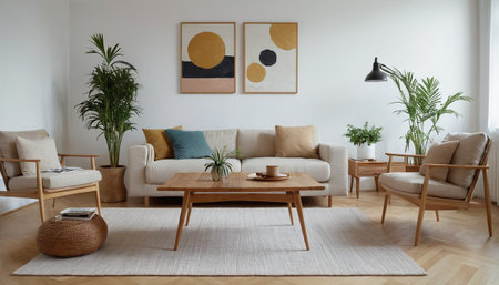 Interior of modern living room with white sofa, green plants and wooden coffee tableの素材