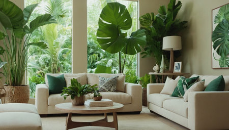 Modern living room interior with sofa, coffee table, plants and windowの素材