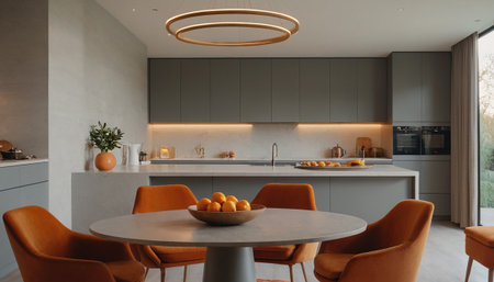 Modern living room interior with orange sofa and plants, 3d renderの素材