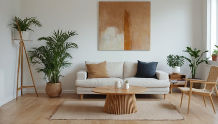 Modern living room interior in scandinavian style with brown sofa, coffee table and plantsの素材