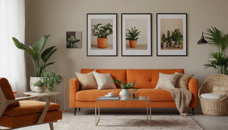 Modern living room interior with sofa, coffee table and plants in potsの素材