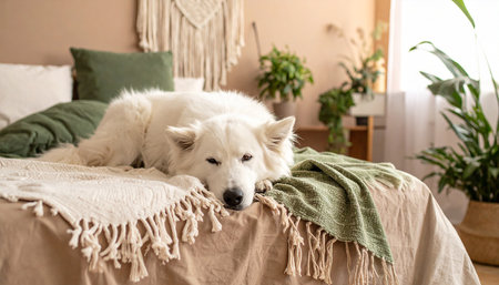 Cute white Samoyed dog lying on the bed at homeの素材