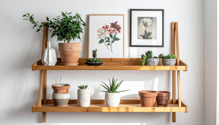 Wooden shelves with different houseplants in pots on white wallの素材
