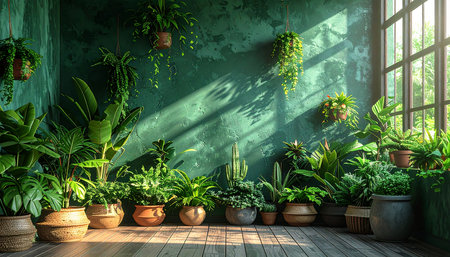 3D rendering of a green room with plants in pots and windowsの素材