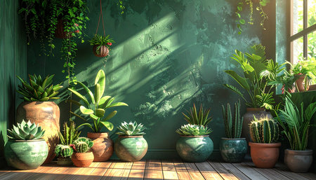 3d render of green room with plants in pots on wooden floorの素材