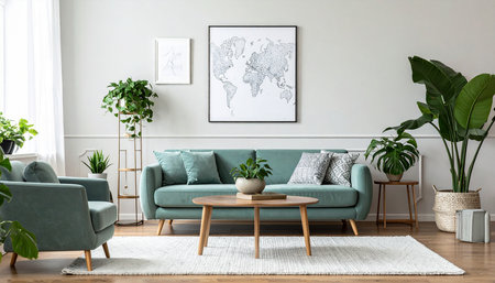 Interior of modern living room with green sofa, coffee table and plantsの素材