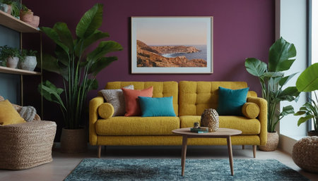 Interior of living room with yellow sofa and plants. 3d renderの素材