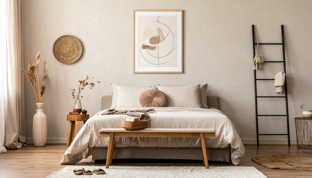 Modern bedroom interior with mock up poster frame. 3d render illustrationの素材