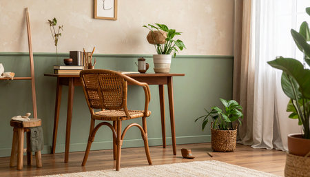 Interior of living room with wooden table, chair and plants in potsの素材