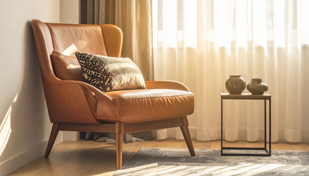 Brown leather armchair with pillows and vase in living roomの素材