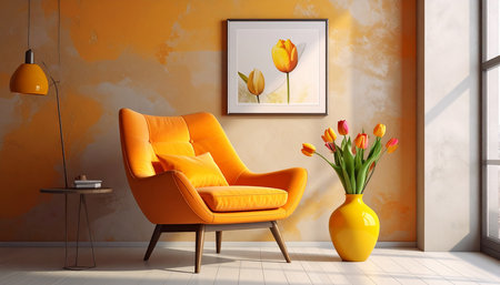 Yellow armchair with tulips in the living room.3d renderingの素材