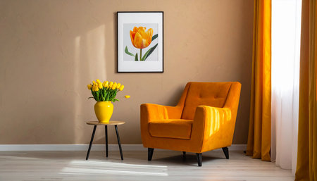 Orange armchair with yellow tulips in living room. Interior designの素材