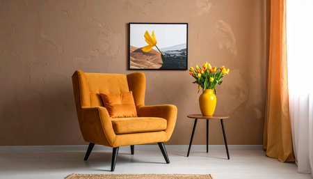 Modern living room interior with yellow armchair and vase with tulipsの素材