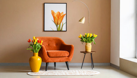 Interior of modern living room with orange armchair and yellow tulipsの素材