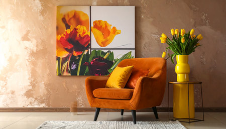 Modern living room interior with armchair and bouquet of tulipsの素材