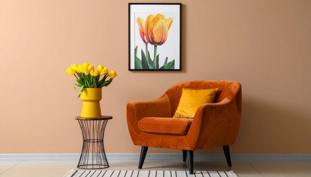 Orange armchair with yellow tulips on the floor in living roomの素材