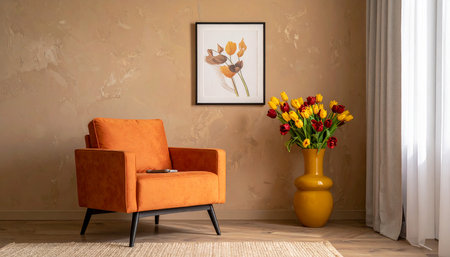 Orange armchair with a bouquet of tulips in the living roomの素材