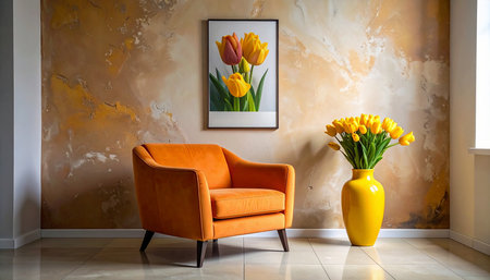 Orange armchair and yellow tulips in a vase on the floorの素材