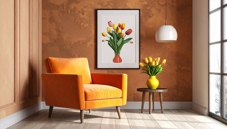 Interior of modern living room with orange armchair and tulipsの素材