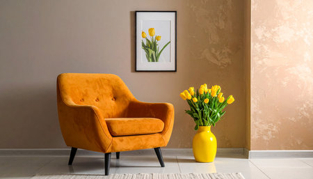 Yellow armchair with bouquet of yellow tulips in living roomの素材