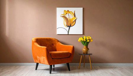 Orange armchair with a bouquet of tulips in a roomの素材