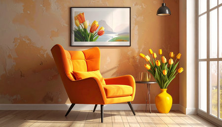 Orange armchair with tulips in the living room. 3d renderの素材