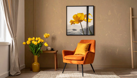Orange armchair with yellow tulips in modern living room interior.の素材