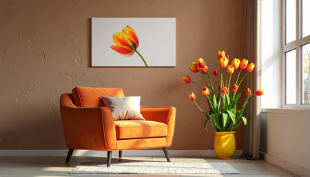 Interior of modern living room with orange armchair and tulipsの素材