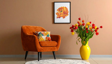 Orange armchair and bouquet of tulips in the living roomの素材