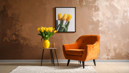 Orange armchair with a vase of yellow tulips in the interiorの素材