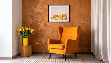 Yellow armchair with a bouquet of tulips in a roomの素材