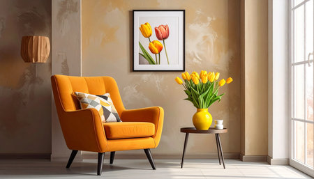 Orange armchair in modern living room with yellow tulips in vaseの素材