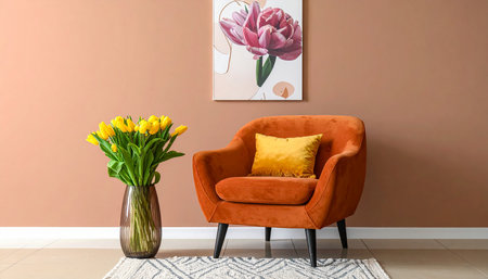 Orange armchair with yellow tulips in a vase on the floorの素材