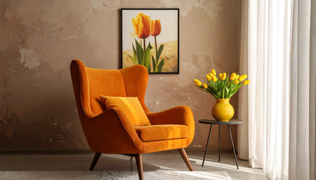 Comfortable armchair with bouquet of yellow tulips in roomの素材