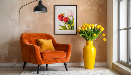 Modern living room interior with orange armchair and bouquet of tulipsの素材