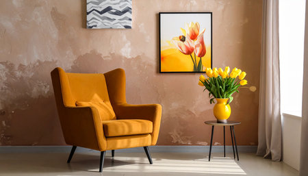 Modern living room interior with armchair and vase of tulipsの素材