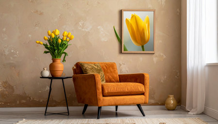 Yellow tulips in a vase next to a brown armchairの素材