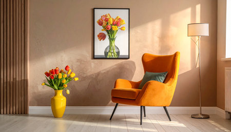 Orange armchair and vase with tulips in living room interiorの素材