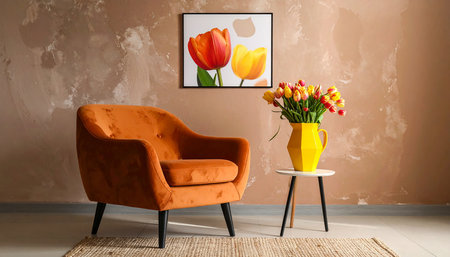 Interior of living room with orange armchair and bouquet of tulipsの素材