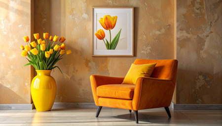 Yellow armchair and vase with tulips in modern living roomの素材