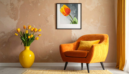 Yellow armchair with yellow tulips in the living room. 3d renderingの素材