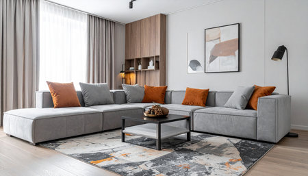 interior of modern living room with grey sofa and orange pillowsの素材